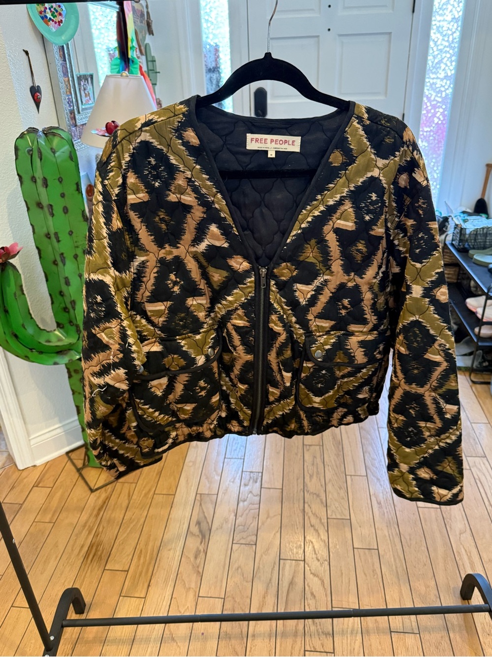 Free People Black & Olive Quilted Pattern Bomber Jacket